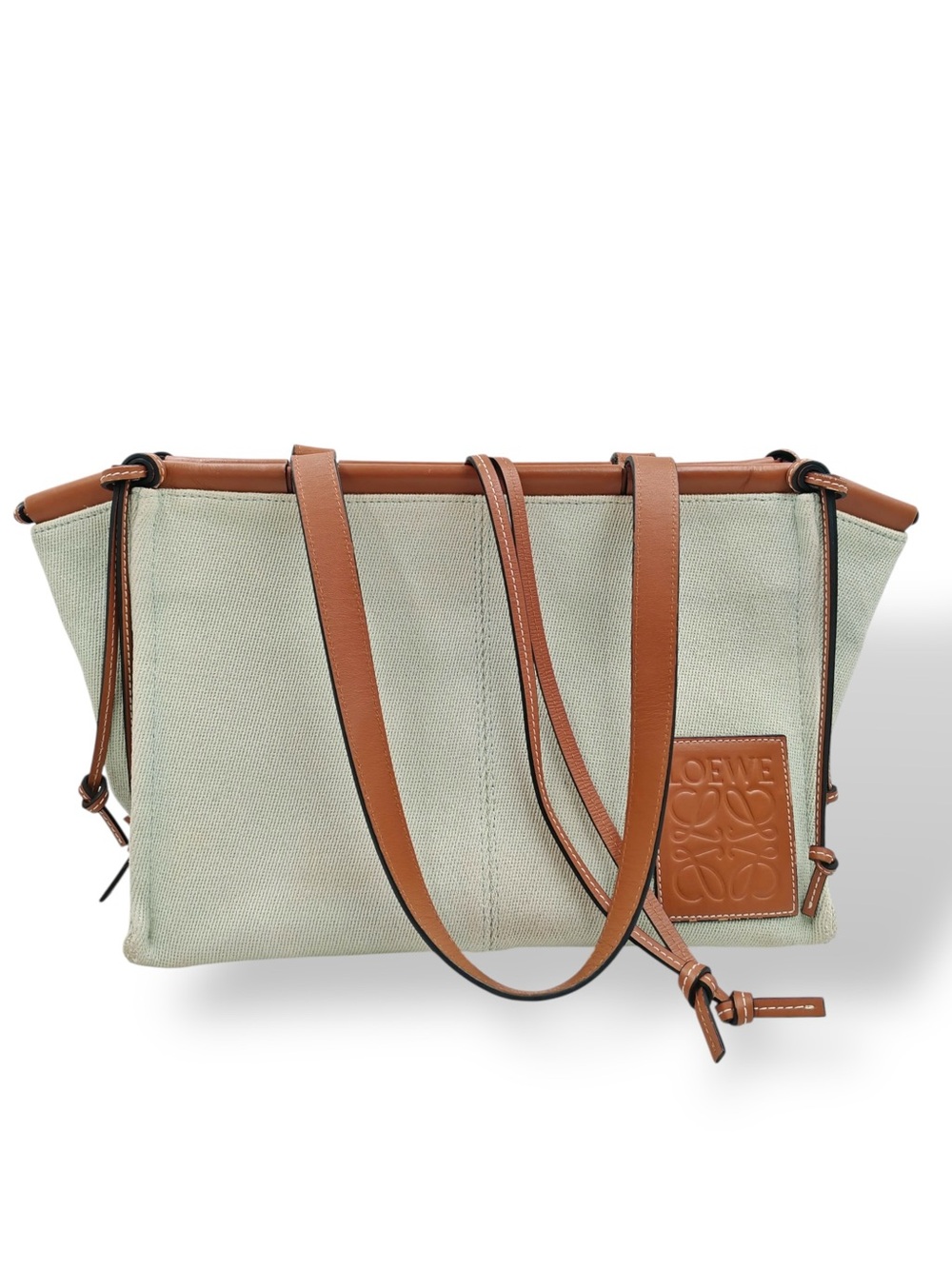 Authentic Loewe Paula’s Ibiza Anagram Tote Khaki Canvas with Tan Leather Trim